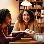 **

A diverse group of people laughing and connecting during a book club meeting in a cozy cafe. Focus on genuine smiles, shared books, and warm lighting. Emphasize the contrast between their real-life interaction and the glow of smartphones left aside. The scene should evoke feelings of warmth, belonging, and the joy of face-to-face connection. Consider a "golden hour" aesthetic.

**
