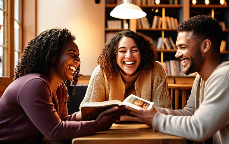 **
A diverse group of people laughing and connecting during a book club meeting in a cozy cafe. Focus on genuine smiles, shared books, and warm lighting. Emphasize the contrast between their real-life interaction and the glow of smartphones left aside. The scene should evoke feelings of warmth, belonging, and the joy of face-to-face connection. Consider a "golden hour" aesthetic.
**