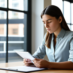 A focused young professional person, of indeterminate gender, seated thoughtfully at a clean wooden desk, reviewing documents or a digital tablet. The subject is wearing a smart, modest business casual outfit in neutral tones, fully clothed. The background features a blurred modern office space with natural light streaming through large windows, suggesting clarity and new beginnings. The overall atmosphere is calm and contemplative, reflecting personal growth. high-quality professional photography, perfect anatomy, correct proportions, natural pose, well-formed hands, proper finger count, natural body proportions, safe for work, appropriate content, professional dress, family-friendly.