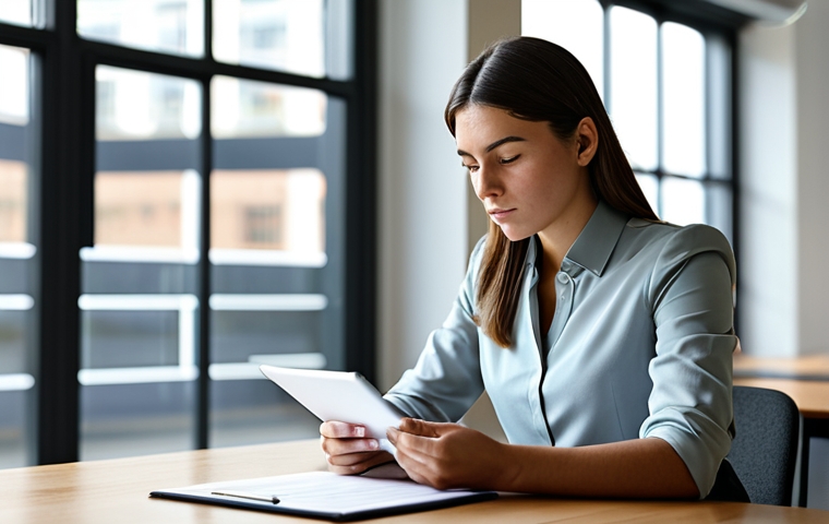A focused young professional person, of indeterminate gender, seated thoughtfully at a clean wooden desk, reviewing documents or a digital tablet. The subject is wearing a smart, modest business casual outfit in neutral tones, fully clothed. The background features a blurred modern office space with natural light streaming through large windows, suggesting clarity and new beginnings. The overall atmosphere is calm and contemplative, reflecting personal growth. high-quality professional photography, perfect anatomy, correct proportions, natural pose, well-formed hands, proper finger count, natural body proportions, safe for work, appropriate content, professional dress, family-friendly.