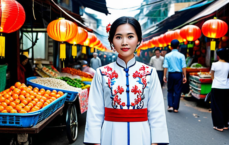 **
"A fully clothed Vietnamese woman in her late 20s, wearing a modern Ao Dai with intricate embroidery, standing in a bustling Hanoi street market, surrounded by colorful lanterns and food stalls, appropriate attire, safe for work, perfect anatomy, natural proportions, professional photography, high quality, family-friendly."
**