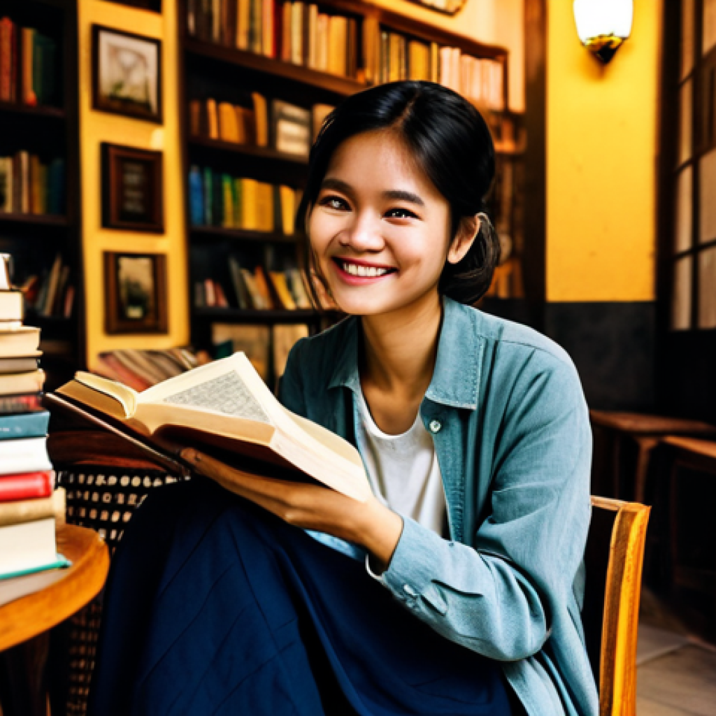 **
"A young Vietnamese woman sitting in a cozy café in Hanoi, surrounded by stacks of books. She is smiling gently, holding a well-worn book about Vietnamese history. Soft, warm lighting. Depict a sense of quiet contemplation and self-discovery, fully clothed, appropriate attire, safe for work, perfect anatomy, natural proportions, professional photography, high quality, family-friendly."
**