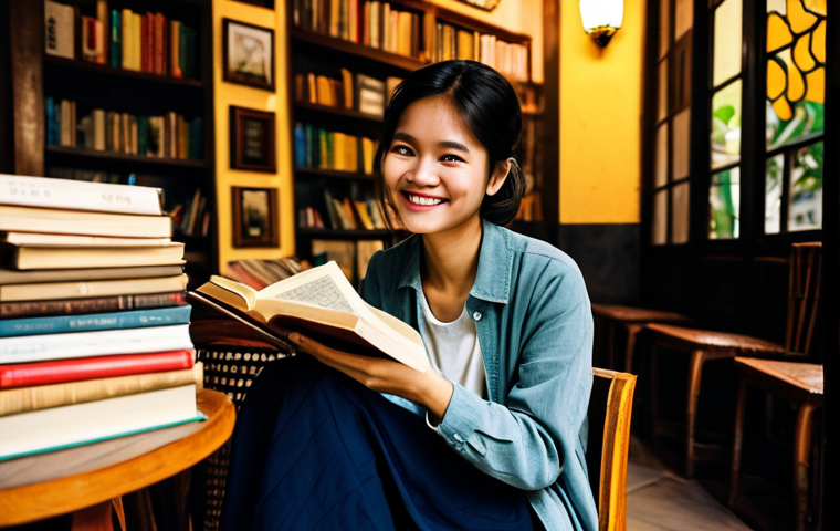 **
"A young Vietnamese woman sitting in a cozy café in Hanoi, surrounded by stacks of books. She is smiling gently, holding a well-worn book about Vietnamese history. Soft, warm lighting. Depict a sense of quiet contemplation and self-discovery, fully clothed, appropriate attire, safe for work, perfect anatomy, natural proportions, professional photography, high quality, family-friendly."
**