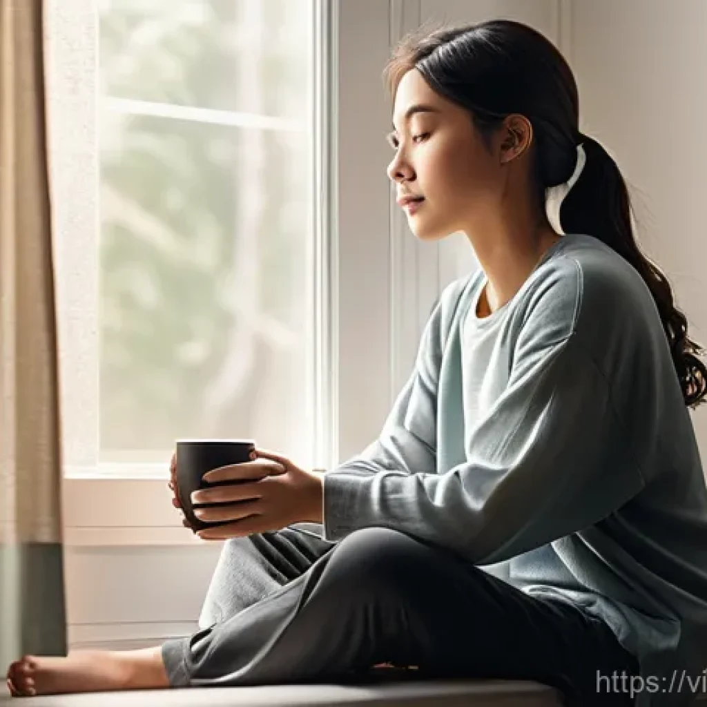 긍정적 정체성을 위한 생활의 작은 변화 - **Prompt:** A young adult, with a serene and calm expression, sits by a sunlit window in a cozy, min...