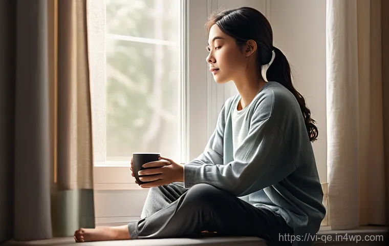 긍정적 정체성을 위한 생활의 작은 변화 - **Prompt:** A young adult, with a serene and calm expression, sits by a sunlit window in a cozy, min...