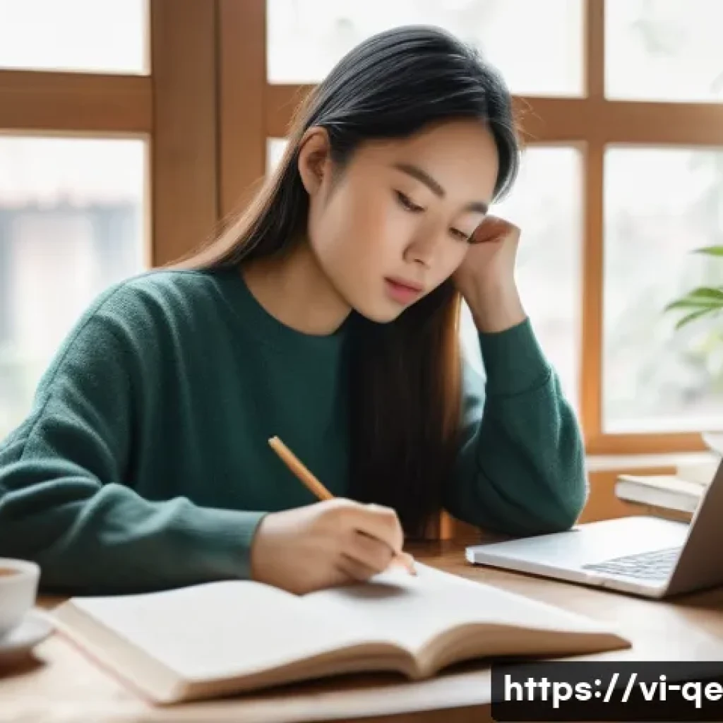 긍정적 정체성을 위한 목표 설정 방법 - A focused Vietnamese young adult woman studying English at a cozy home desk, surrounded by books and...