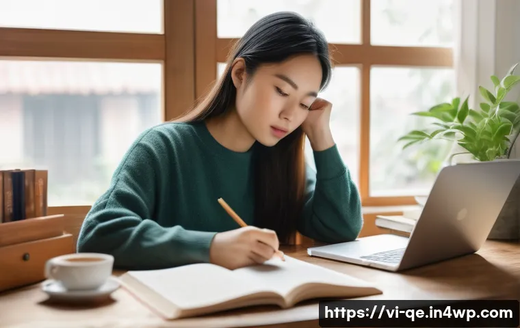 긍정적 정체성을 위한 목표 설정 방법 - A focused Vietnamese young adult woman studying English at a cozy home desk, surrounded by books and...