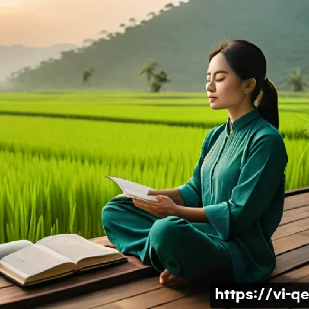 긍정적 정체성 형성을 위한 첫걸음 - A serene morning scene featuring a Vietnamese woman in casual, modest clothing sitting cross-legged ...