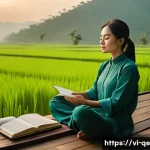 Home 22 긍정적 정체성 형성을 위한 첫걸음 - A serene morning scene featuring a Vietnamese woman in casual, modest clothing sitting cross-legged ...