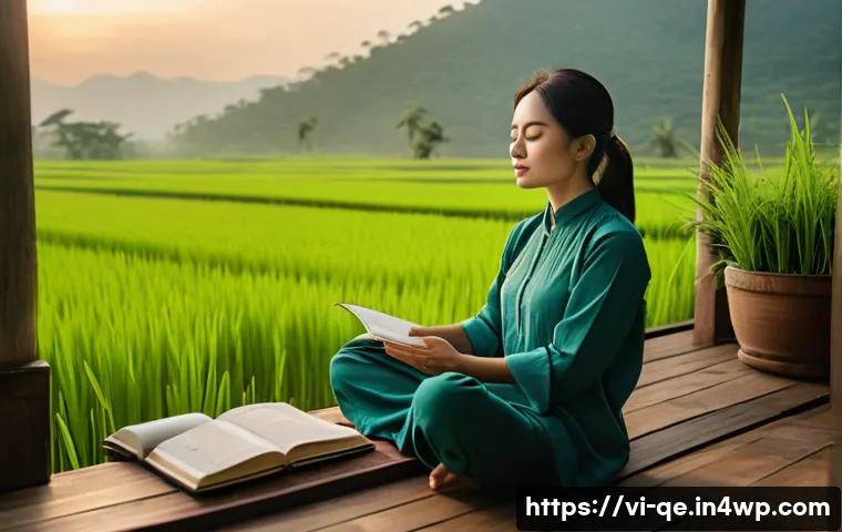 긍정적 정체성 형성을 위한 첫걸음 - A serene morning scene featuring a Vietnamese woman in casual, modest clothing sitting cross-legged ...