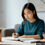 Home 21 긍정적 정체성을 위한 열정 찾기 - A young Vietnamese woman sitting peacefully in a cozy, modern living room filled with natural light,...