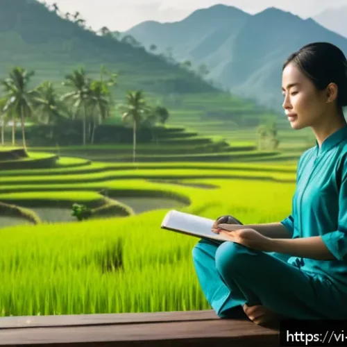 Home 32 긍정적 정체성 구축을 위한 실천 과제 - A serene Vietnamese morning scene featuring a young adult woman practicing meditation on a wooden ba...