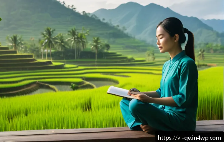 긍정적 정체성 구축을 위한 실천 과제 - A serene Vietnamese morning scene featuring a young adult woman practicing meditation on a wooden ba...