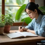 Home 18 긍정적 정체성을 위한 자아 탐구 질문 - A young Vietnamese woman sitting peacefully in a cozy, sunlit room, journaling her thoughts in a bea...