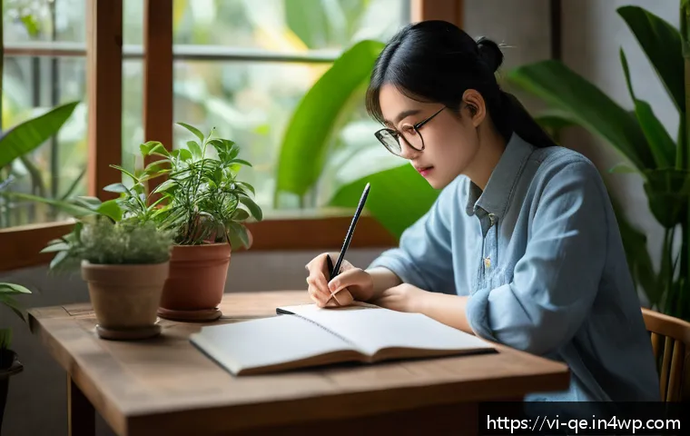 긍정적 정체성을 위한 자아 탐구 질문 - A young Vietnamese woman sitting peacefully in a cozy, sunlit room, journaling her thoughts in a bea...