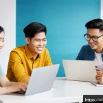 Home 23 긍정적 정체성을 위한 그룹 활동의 힘 - A diverse group of young Vietnamese adults collaborating enthusiastically around a table in a modern...